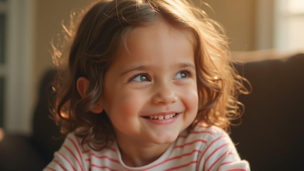A smiling family sitting together on a front porch, with a young child laughing between two parents in a warm, sunlit setting