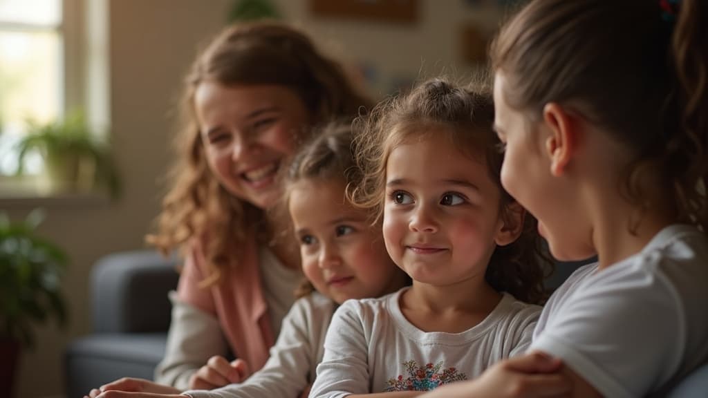 A warm family sitting together on a front porch, smiling as they hold hands, representing the joy of foster care adoption
